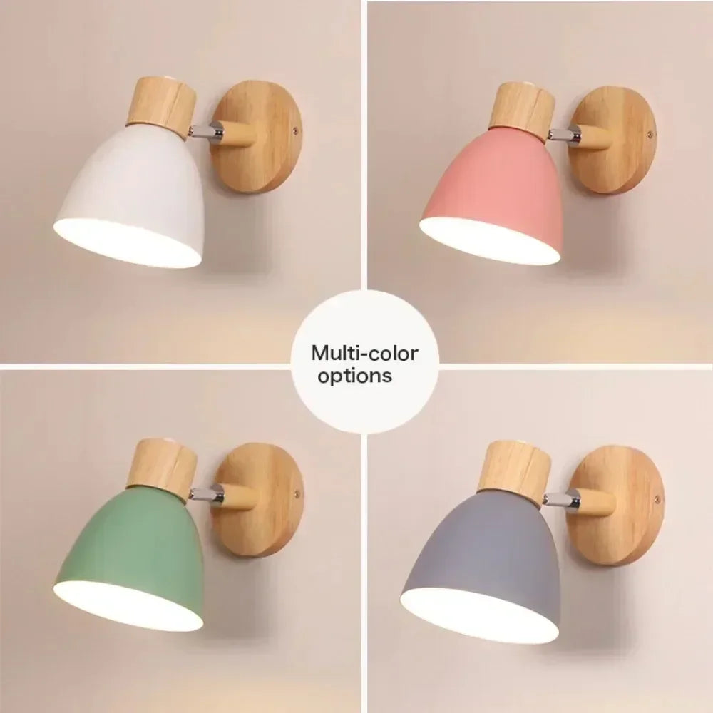Wooden Nordic Wall Lamp With Switch Modern Wall Sconce For Bedroom Living Room Home Lighting Macaroon 6 Color Steering Head E27