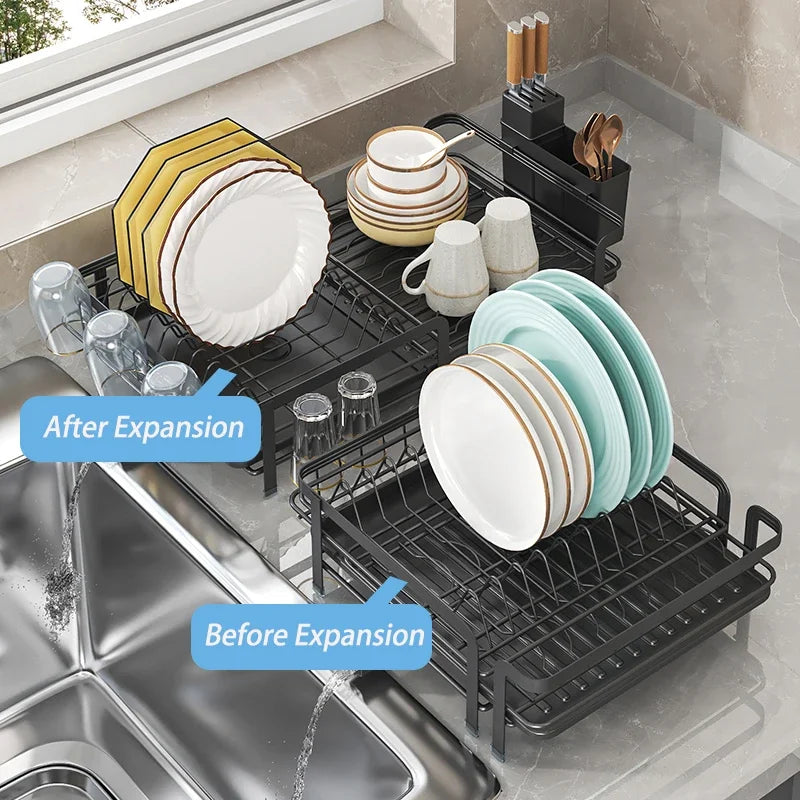 URluna Expandable Plate Dish Drainer Rack with Drainboard, Rustproof Kitchen Counter Organizer (Black & White)