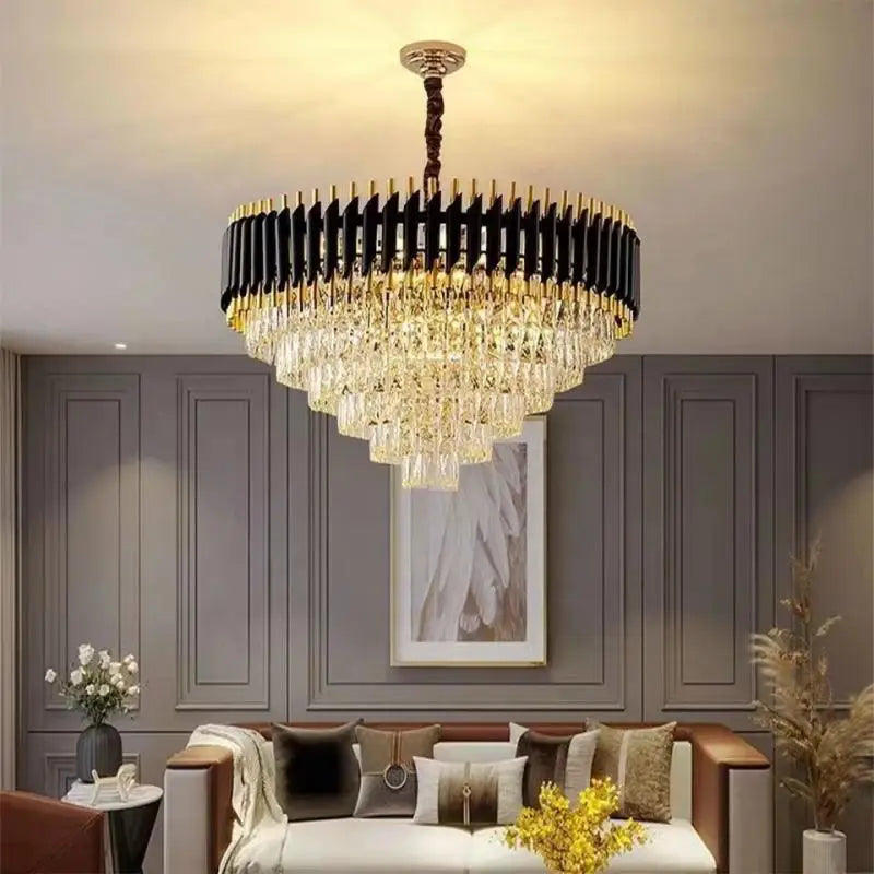 Modern K9 Crystal Hanging Lamp Luxury Black Gold Metal Led Chandelier Elegant Indoor Pendant Lighting Fixture For Home Decor