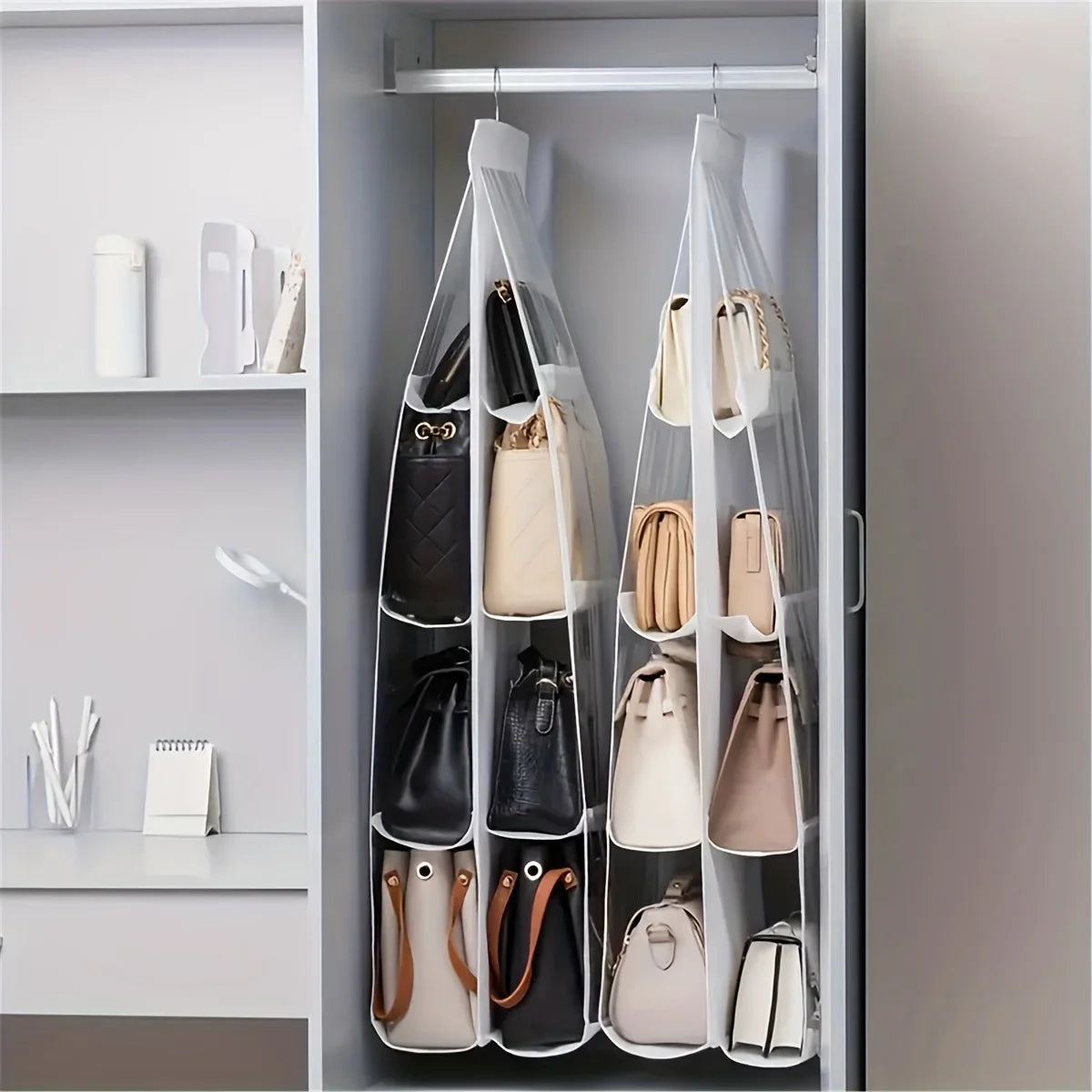 1pc 6/8 Grids Space Saving Bag Organizers, Multi Layer Hanging Handbag Purse Organizer For Wardrobe Closet, Bag Storage Holder