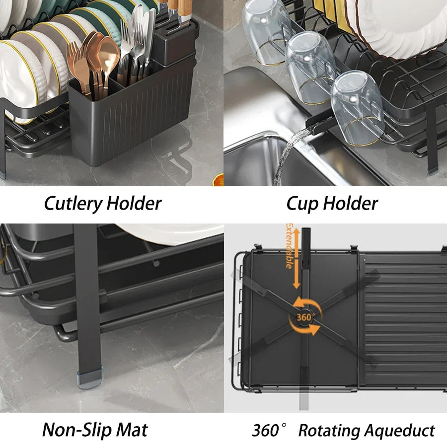 URluna Expandable Plate Dish Drainer Rack with Drainboard, Rustproof Kitchen Counter Organizer (Black & White)