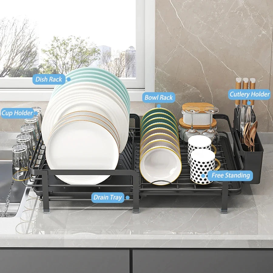 URluna Expandable Plate Dish Drainer Rack with Drainboard, Rustproof Kitchen Counter Organizer (Black & White)