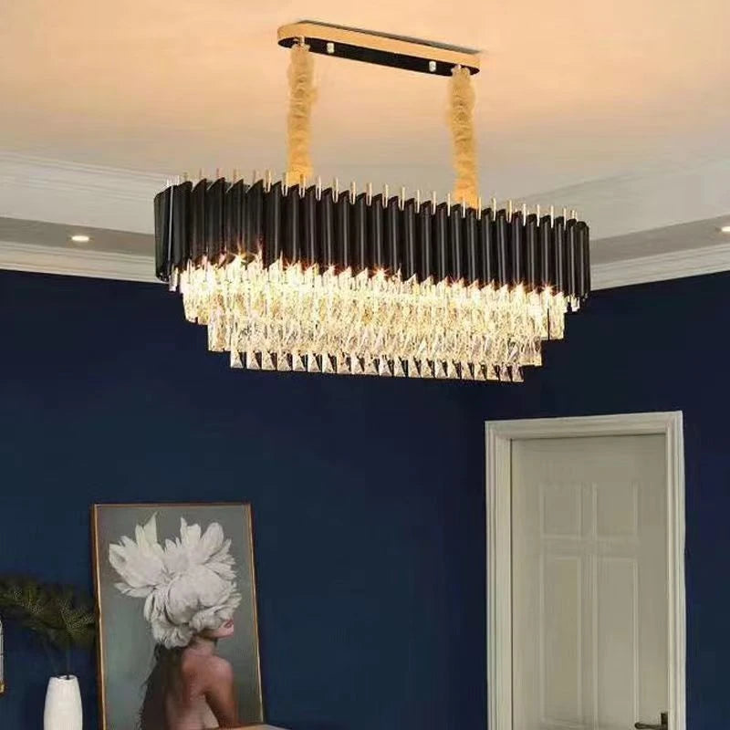 Modern K9 Crystal Hanging Lamp Luxury Black Gold Metal Led Chandelier Elegant Indoor Pendant Lighting Fixture For Home Decor