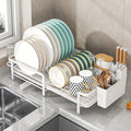 URluna Expandable Plate Dish Drainer Rack with Drainboard, Rustproof Kitchen Counter Organizer (Black & White)