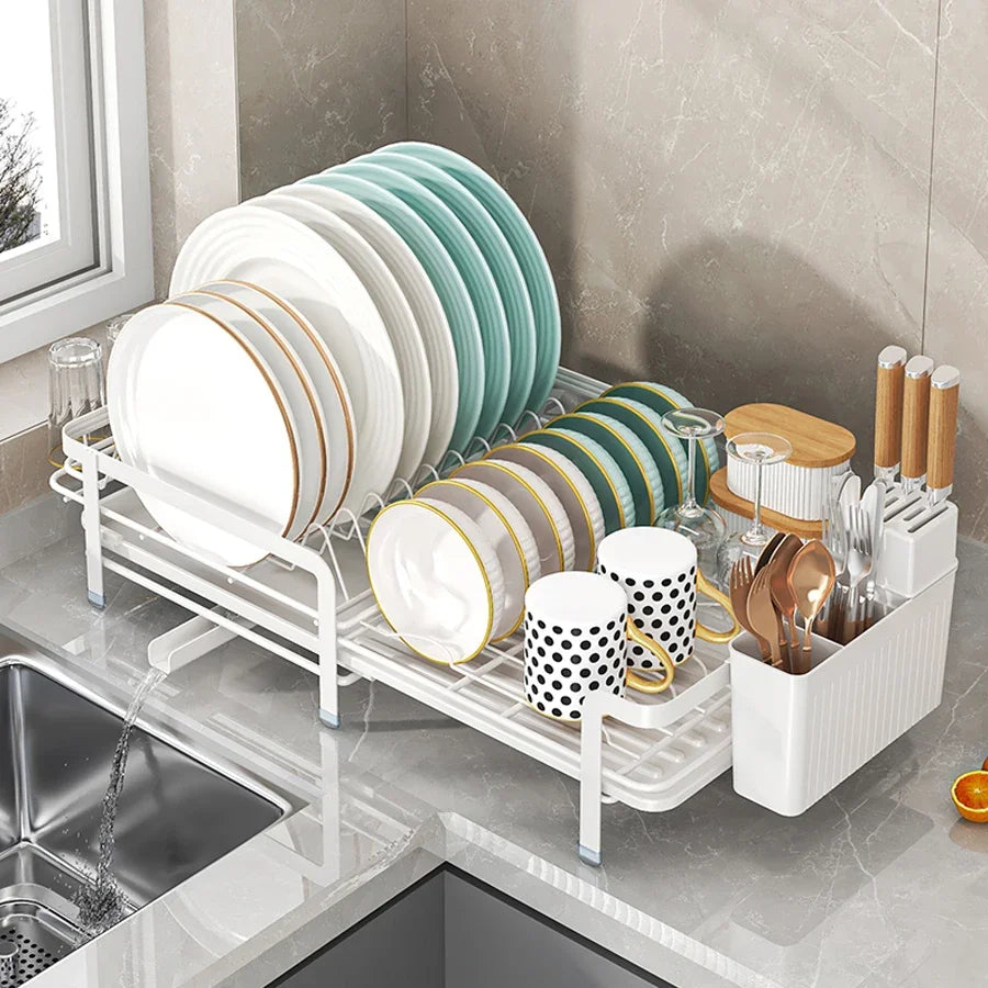 URluna Expandable Plate Dish Drainer Rack with Drainboard, Rustproof Kitchen Counter Organizer (Black & White)