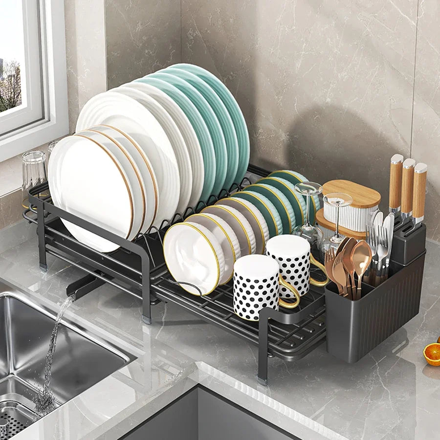 URluna Expandable Plate Dish Drainer Rack with Drainboard, Rustproof Kitchen Counter Organizer (Black & White)
