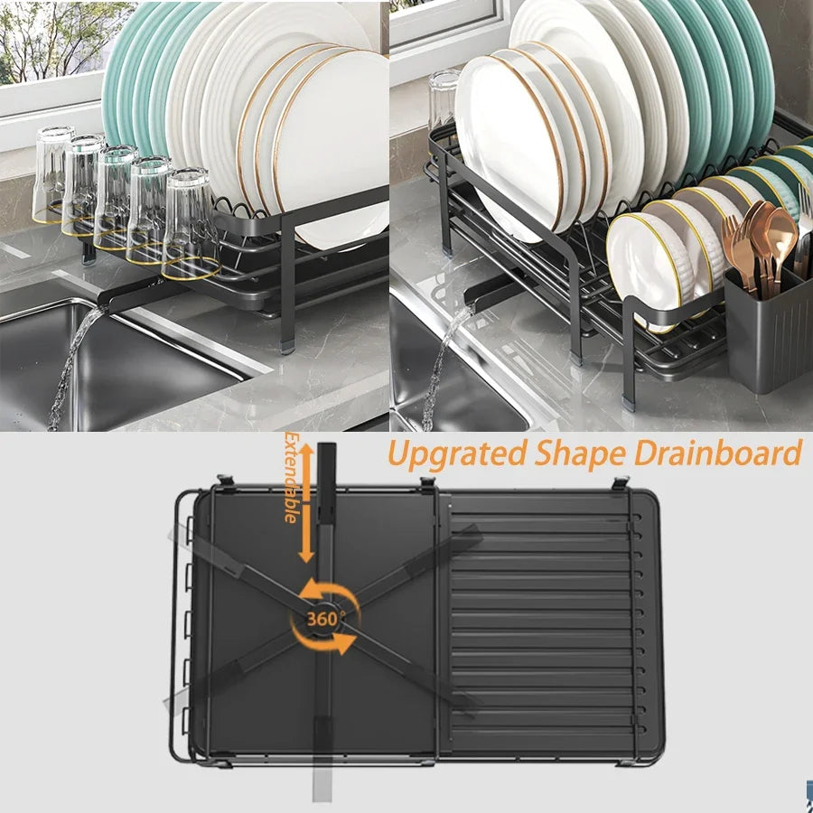 URluna Expandable Plate Dish Drainer Rack with Drainboard, Rustproof Kitchen Counter Organizer (Black & White)