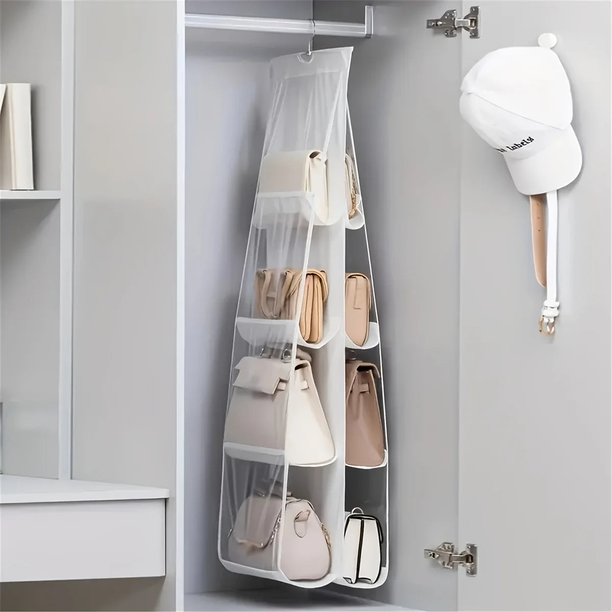 1pc 6/8 Grids Space Saving Bag Organizers, Multi Layer Hanging Handbag Purse Organizer For Wardrobe Closet, Bag Storage Holder