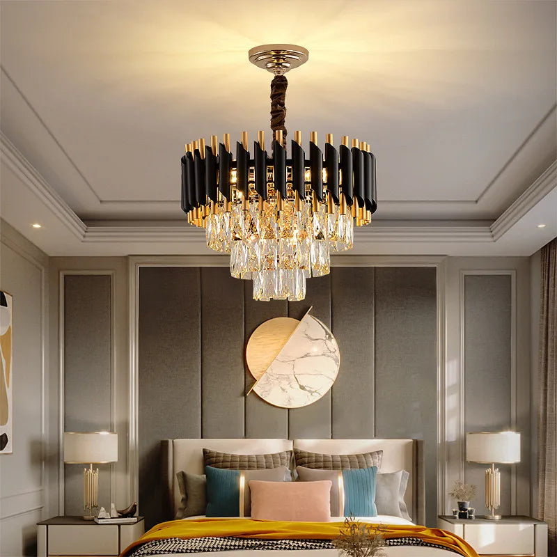 Modern K9 Crystal Hanging Lamp Luxury Black Gold Metal Led Chandelier Elegant Indoor Pendant Lighting Fixture For Home Decor