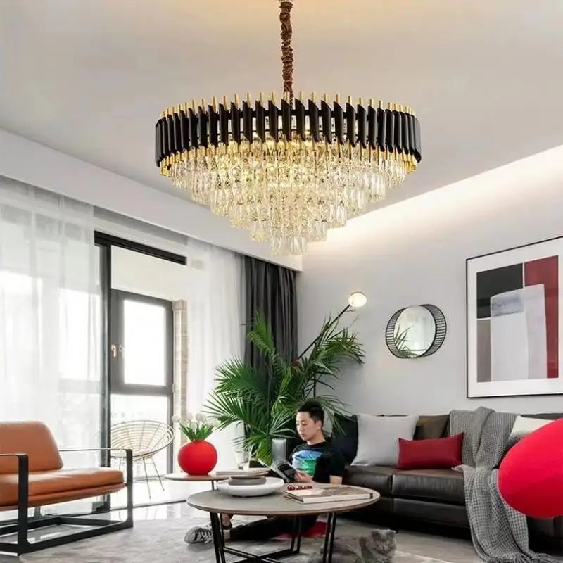 Modern K9 Crystal Hanging Lamp Luxury Black Gold Metal Led Chandelier Elegant Indoor Pendant Lighting Fixture For Home Decor